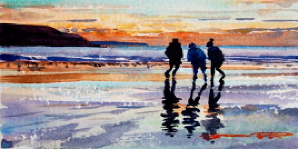 Painting of three friends together on a beach
