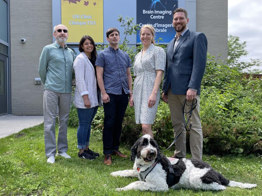 Members of the SGB research team at The Royal: Dr. Jakov Shlik, Krysta Boutin-Miller, Dr. Clifford Cassidy, Dr. Rebecca Gomez, Cory Taylor and his service dog Cueinn.