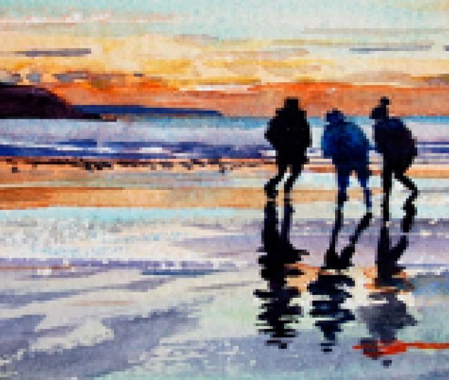 Painting of three friends on a beach
